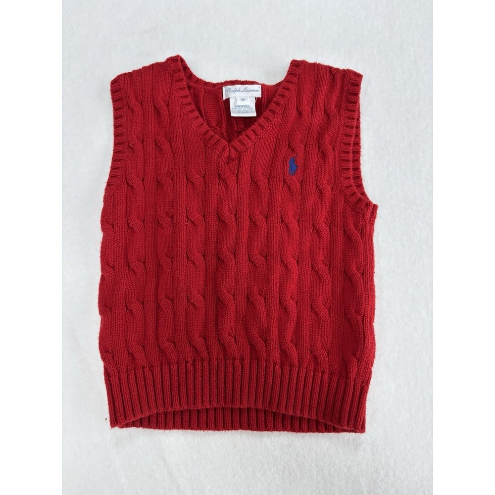 Ralph Lauren Red Cable-Knit V-Neck Sweater Vest Polo Pony Logo 18M
